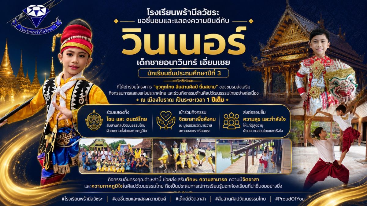 “วินเนอร์” เด็กชายอนาวินทร์ เอี่ยมเชย ได้เข้าร่วมโครงการ “ยุวทูตไทย สืบสานศิลป์ ถิ่นสยาม” ของชมรมส่งเสริมกิจกรรมการแสดงแห่งประเทศไทย “วินเนอร์” เด็กชายอนาวินทร์ เอี่ยมเชย ได้เข้าร่วมโครงการ “ยุวทูตไทย สืบสานศิลป์ ถิ่นสยาม” ของชมรมส่งเสริมกิจกรรมการแสดงแห่งประเทศไทย