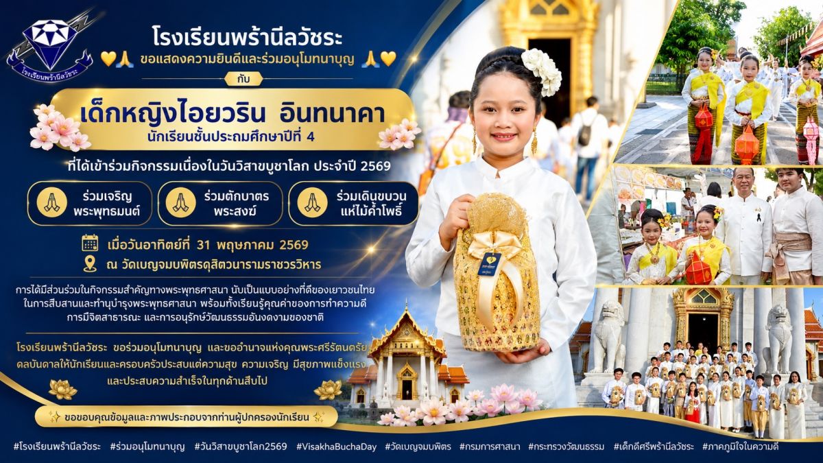 ยินดีกับ ด.ญ.ไอยวริน อินทนาคา ในโอกาสได้รับคัดเลือกเข้าร่วมกิจกรรมเนื่องในวันวิสาขบูชาโลก ประจำปี 2569 ยินดีกับ ด.ญ.ไอยวริน อินทนาคา ในโอกาสได้รับคัดเลือกเข้าร่วมกิจกรรมเนื่องในวันวิสาขบูชาโลก ประจำปี 2569