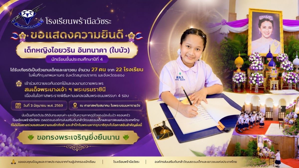 ยินดีกับ ด.ญ.ไอยวริน อินทนาคา ในโอกาสเป็นตัวแทนเด็กและเยาวชนเข้าร่วมถวายแจกันดอกไม้และลงนามถวายพระพร สมเด็จพระนางเจ้า ฯ พระบรมราชินี ยินดีกับ ด.ญ.ไอยวริน อินทนาคา ในโอกาสเป็นตัวแทนเด็กและเยาวชนเข้าร่วมถวายแจกันดอกไม้และลงนามถวายพระพร สมเด็จพระนางเจ้า ฯ พระบรมราชินี
