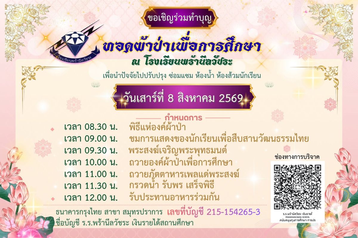 ขอเชิญผู้ปกครอง ผู้มีจิตศรัทธาร่วมทำบุญทอดผ้าป่าเพื่อการศึกษา โรงเรียนพร้านีลวัชระ ขอเชิญผู้ปกครอง ผู้มีจิตศรัทธาร่วมทำบุญทอดผ้าป่าเพื่อการศึกษา โรงเรียนพร้านีลวัชระ